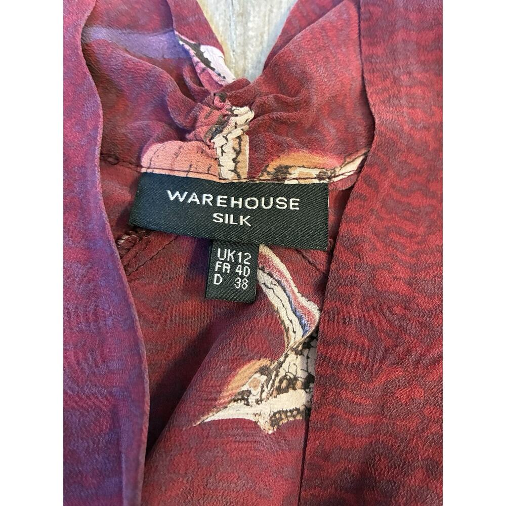 WAREHOUSE 100% Silk Blouse UK 12 US 8 Burgundy Neck Bow Flying Bird Print - Picture 3 of 7